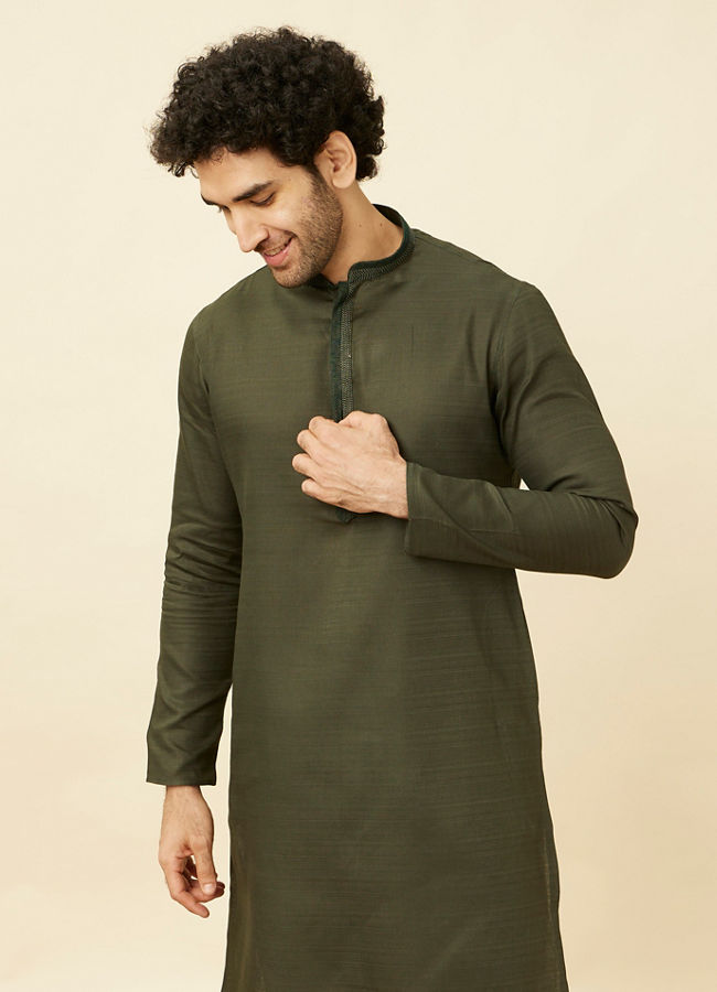 Manyawar Fern Green Kurta Set with Embroidered Placket and Neckline