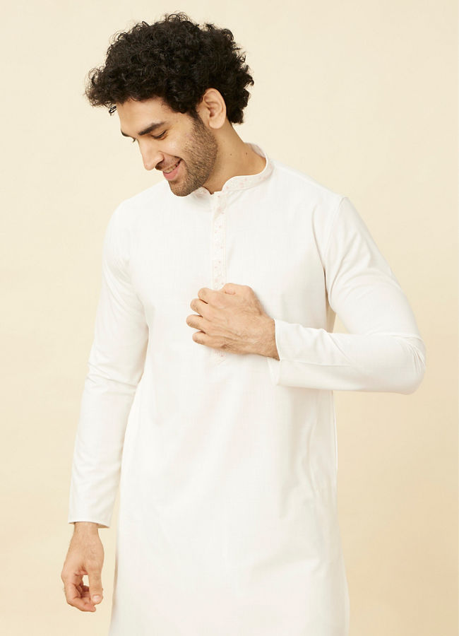 Manyawar Pristine White Kurta Set with Embroidered Placket and Neckline - India shopping