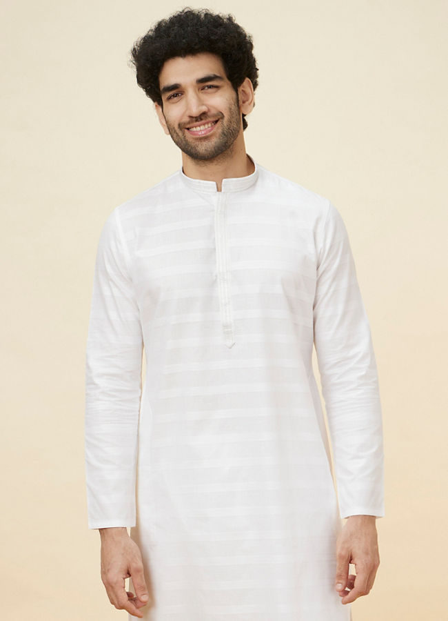 Manyawar Bright White Self Striped Classic Kurta Set