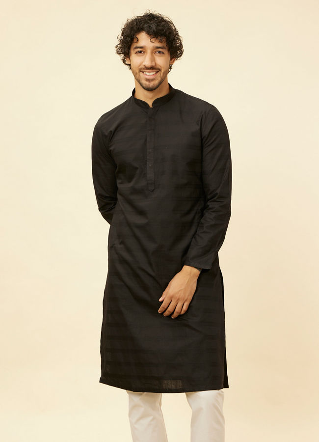 Manyawar Charcoal Black Self Stripe Patterned Kurta Set