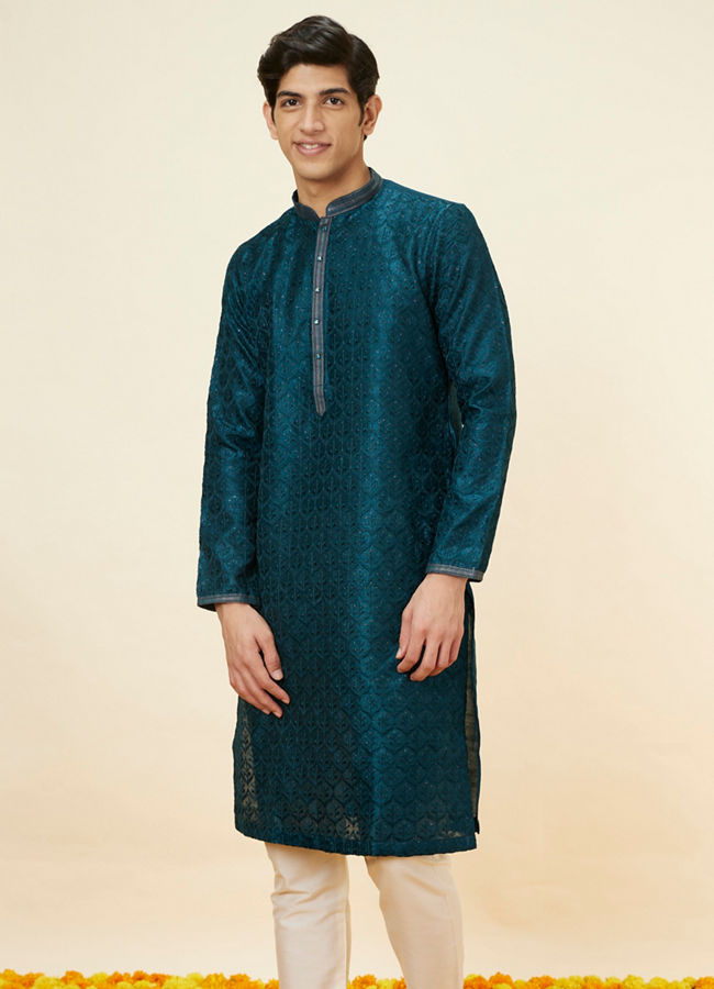 Manyawar Teal Blue Leaf Jaal Patterned Kurta Set - India shopping