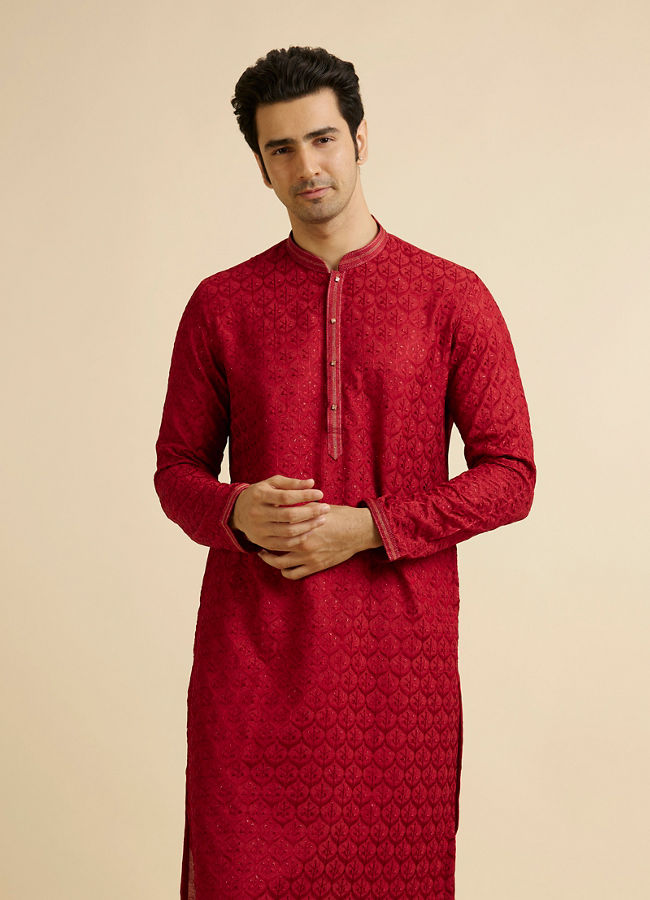 Manyawar Red Medallion Patterned Kurta Set with Rhinestones