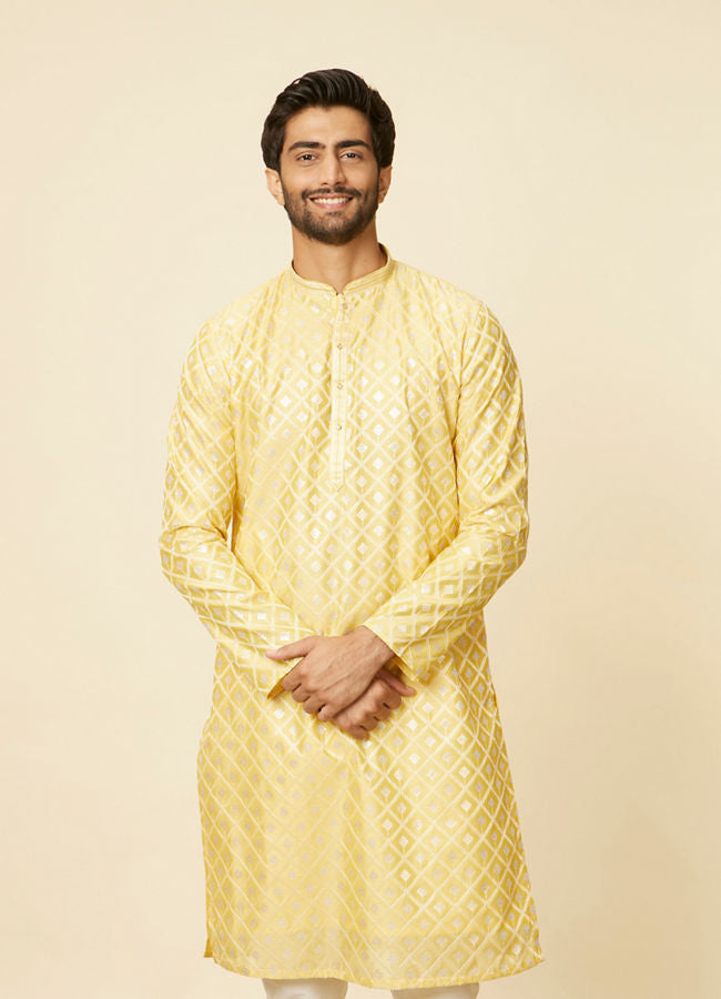 Manyawar Sunny Yellow Grid Patterned Kurta Set