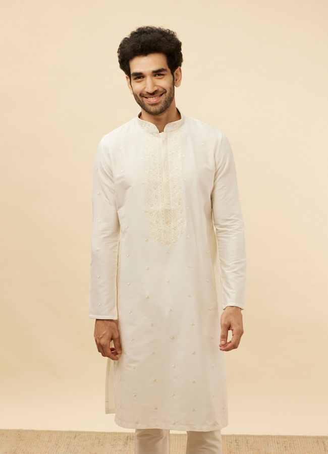 Manyawar Pearl White Bel Buti Embroidered Kurta Set