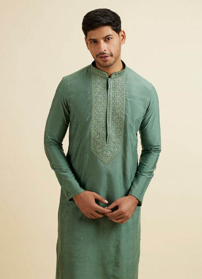 Manyawar Light Mid Green Buta Embroidery Kurta Set - India shopping