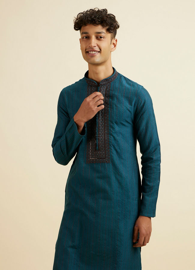 Manyawar Teal Blue Striped Kurta Set