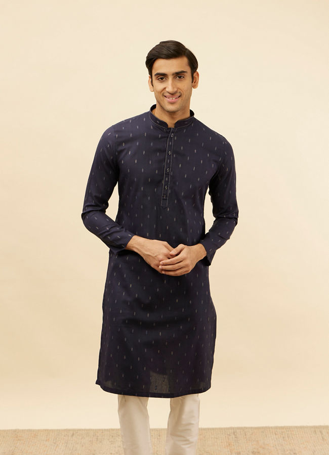 Manyawar Dark Blue Leaf Print Kurta Set