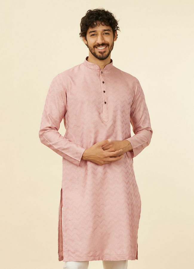 Manyawar Peach Chevron Patterned Kurta Set - India shopping