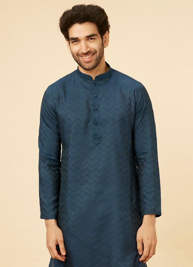 Manyawar Indigo Blue Chevron Patterned Kurta Set