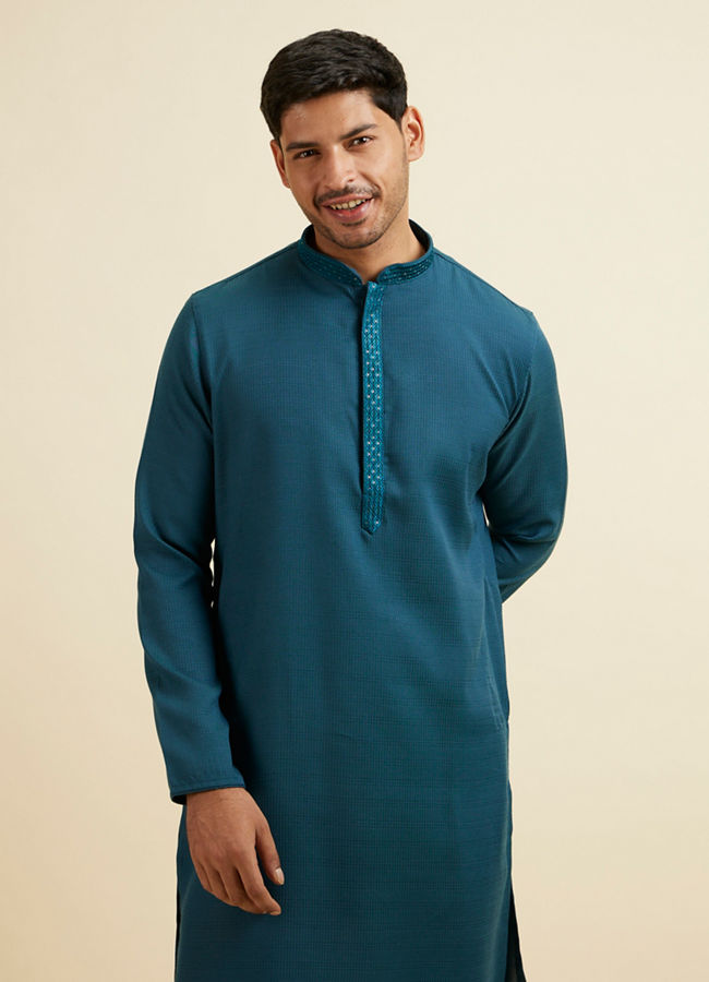 Manyawar Teal Blue Plain Kurta Set