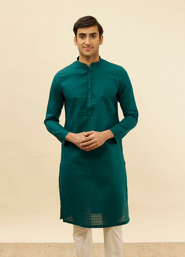 Manyawar Teal Blue Windowpane Checks Self Patterned Kurta Set