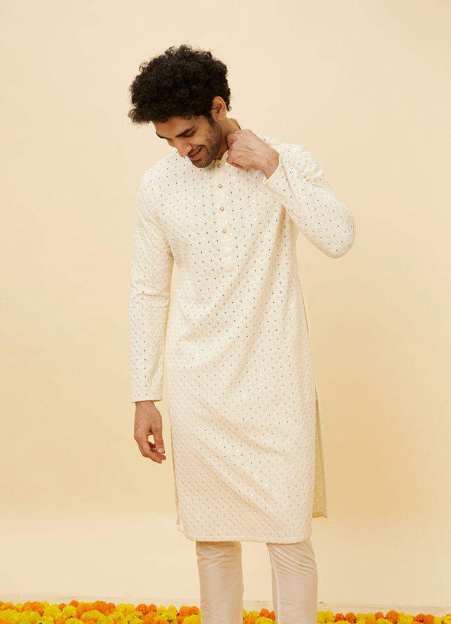 Manyawar Soft White Floral Sequin Embroidered Kurta Set - India shopping