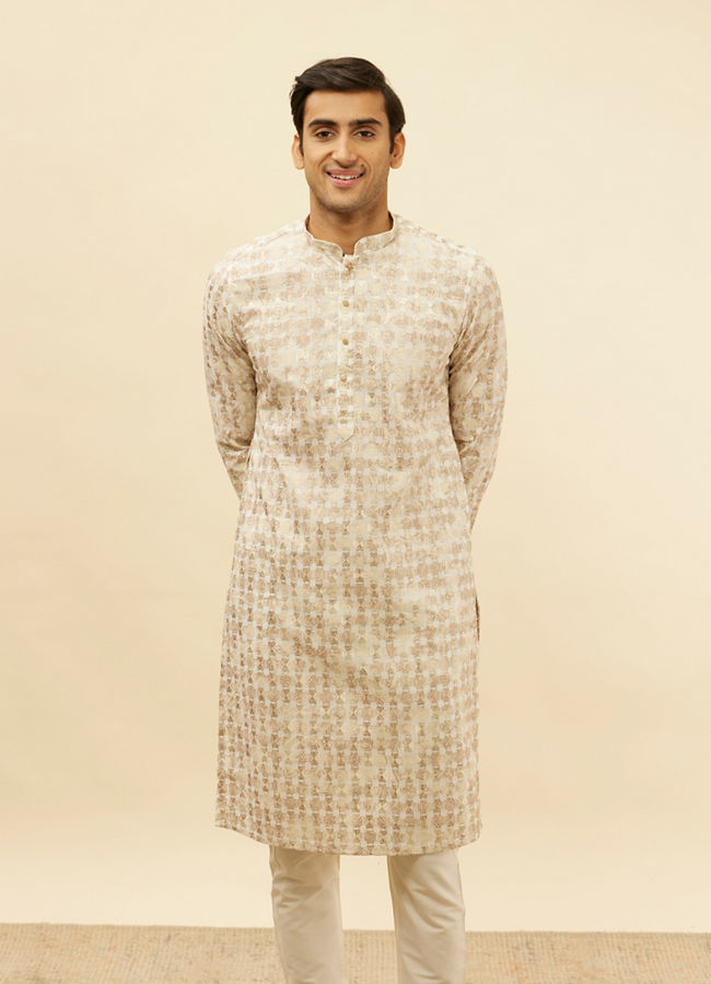 Manyawar Cream Overlapping Printed Kurta Set