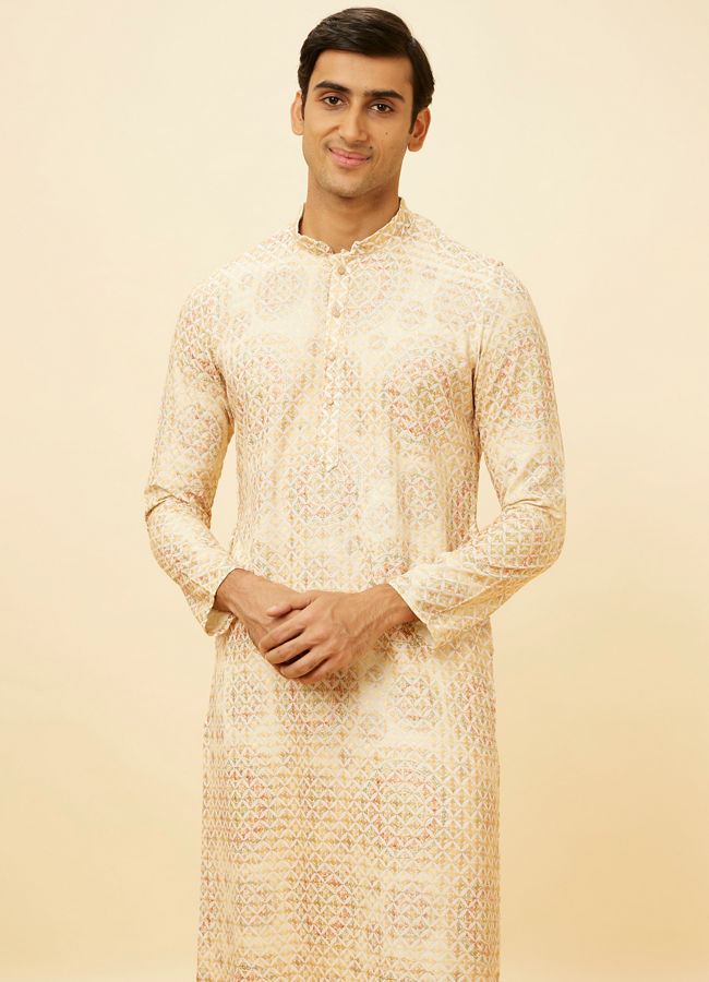 Manyawar Peach Beige Kaleidoscopic Patterned Kurta Set