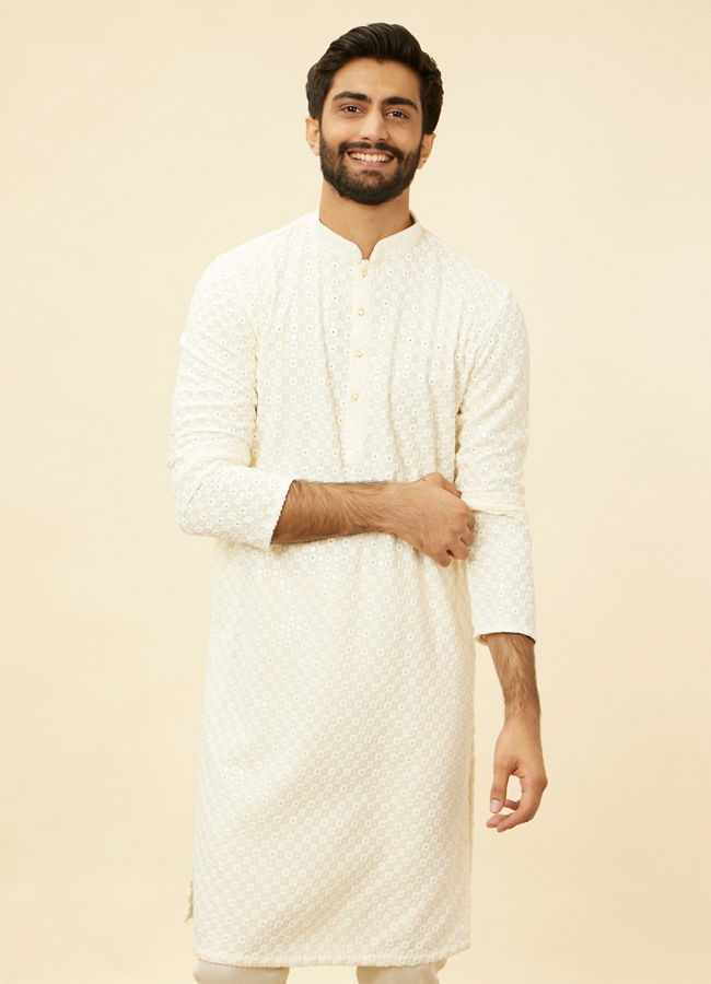 Manyawar Soft White Chikankari Embroidered Sequined Kurta Set