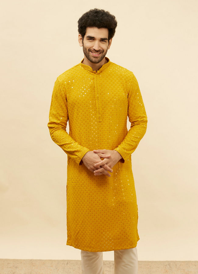 Manyawar Bright Mustard Chikankari Sequinned Kurta Set - India shopping