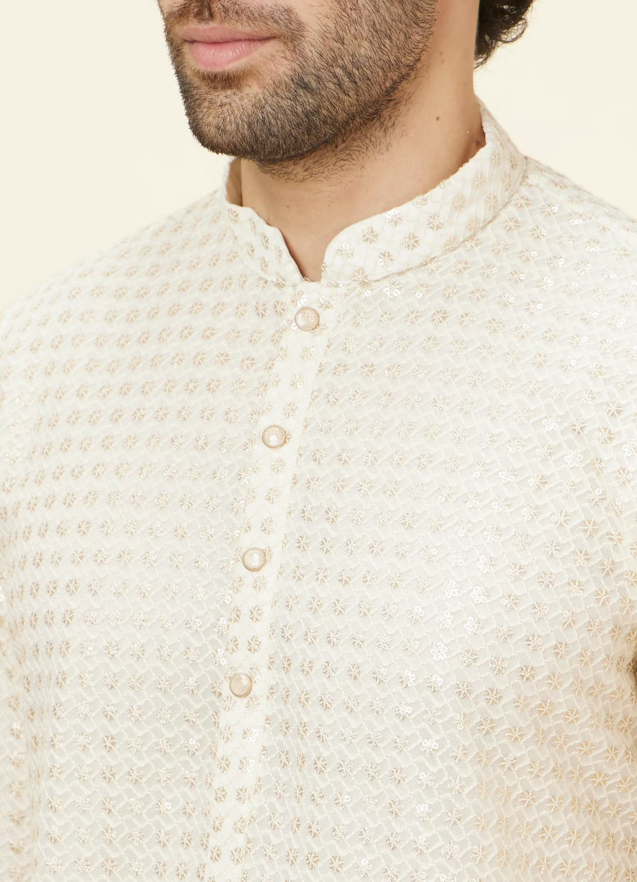 Manyavar Buttercream Ditsy Floral Chikankari Kurta Set | Ready To Wear