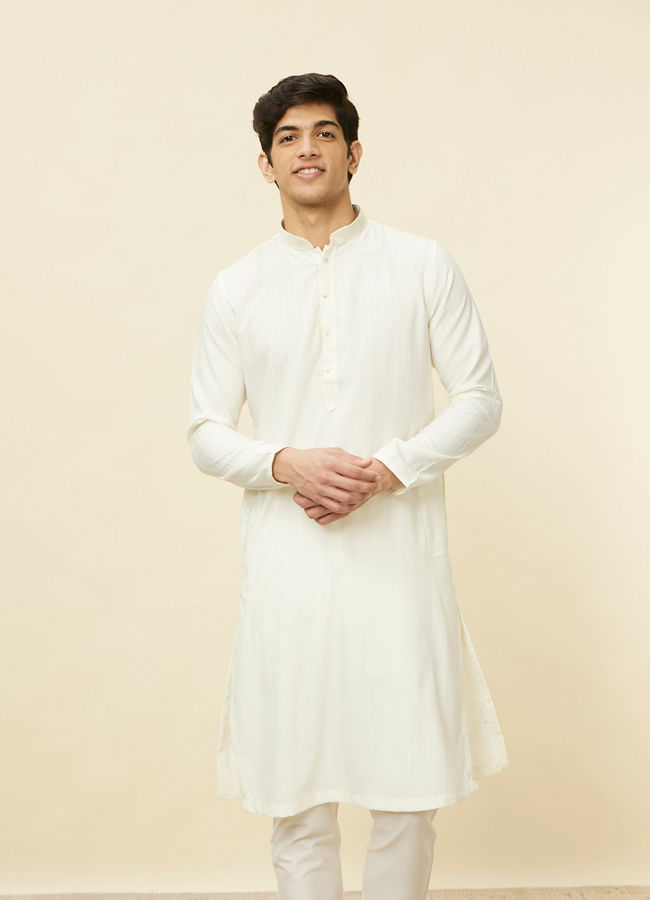 Manyawar Pearled Ivory White Linear Patterned Kurta Set