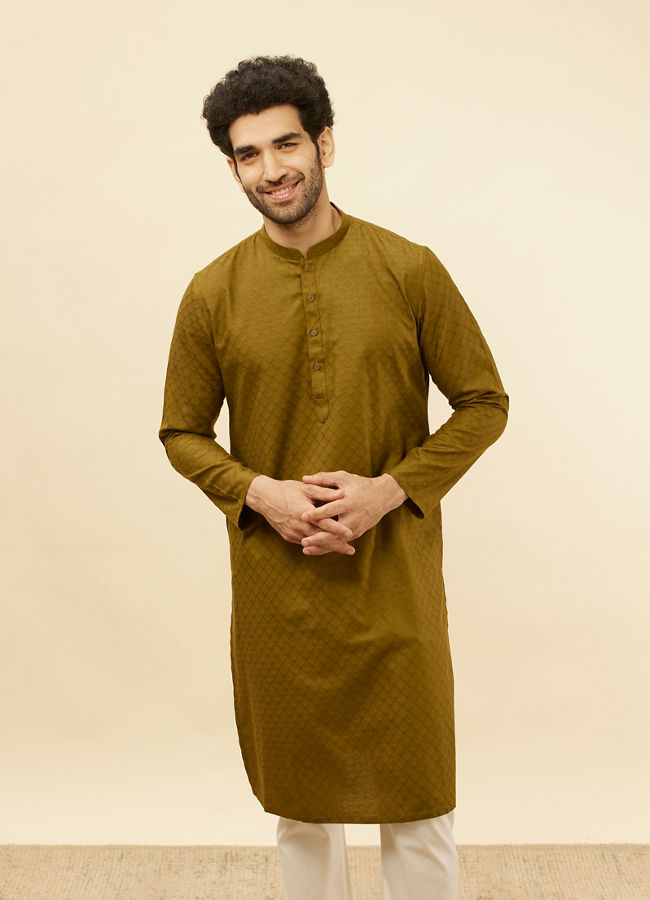 Manyawar Mehendi Green Self Printed Kurta Set