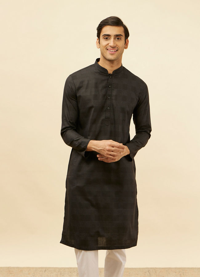 Manyawar Coal Black Self Patterned Kurta Set