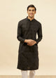 Manyawar Coal Black Self Patterned Kurta Set