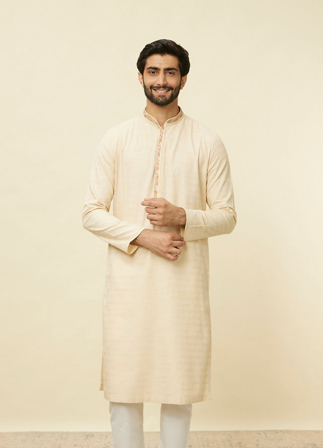 Manyawar Sand Beige Embroidered Neckline Kurta Set