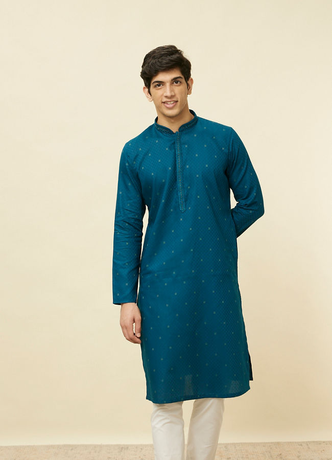 Manyawar Sapphire Blue Checkered Kurta Set