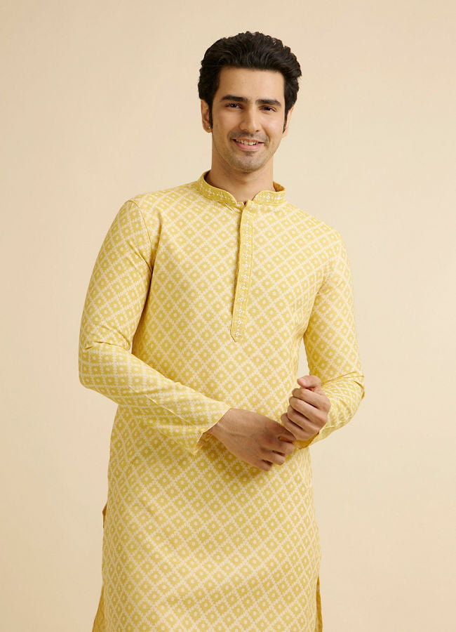 Manyawar Yellow Grid Patterned Kurta Set