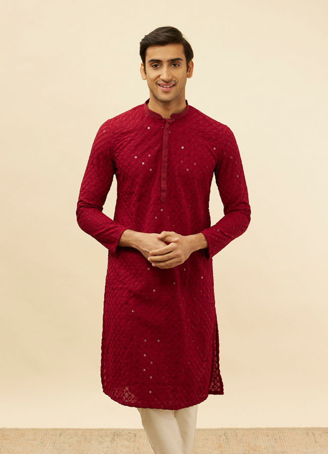 Manyawar Deep Red Chikankari Embroidered Sequined Kurta Set