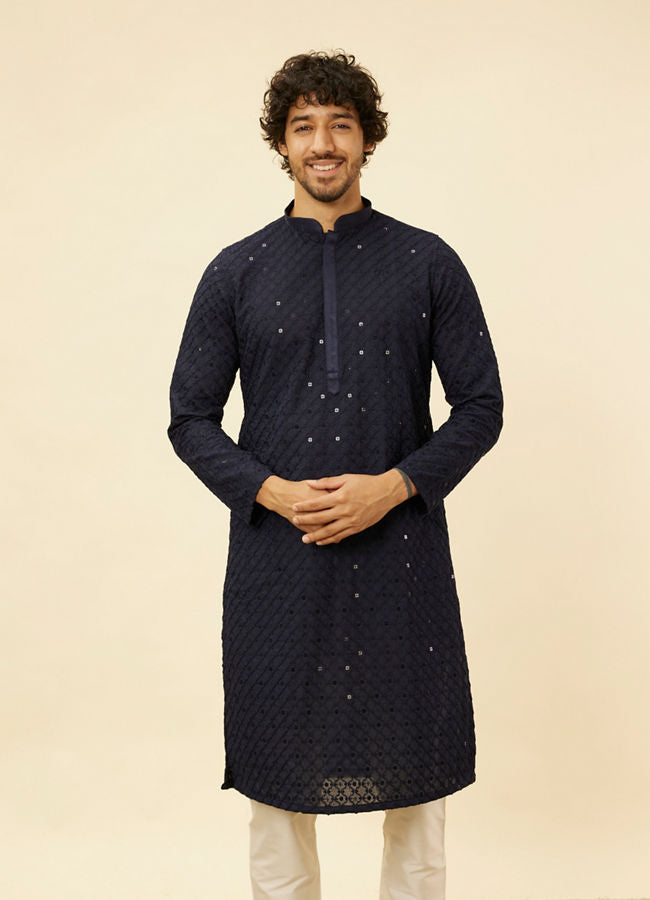 Manyawar Midnight Blue Chikankari Embroidered Sequinned Kurta Set