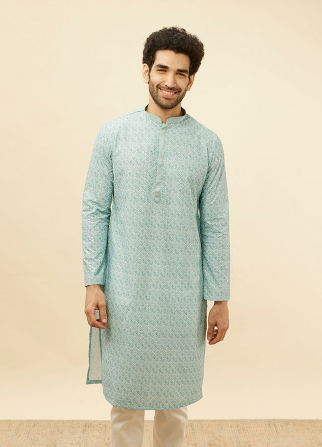 Manyawar Aqua Blue Chikankari Embroidered Sequined Kurta Set