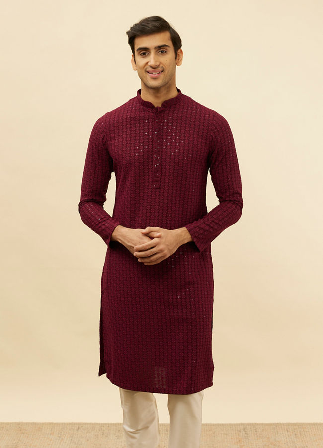 Manyawar Deep Maroon Chikankari Embroidered Sequinned Kurta Set