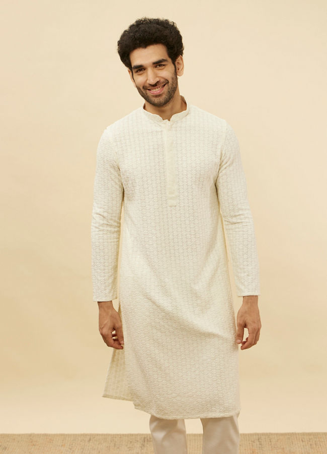 Manyawar Soft Cream Chikankari Sequinned Kurta Set