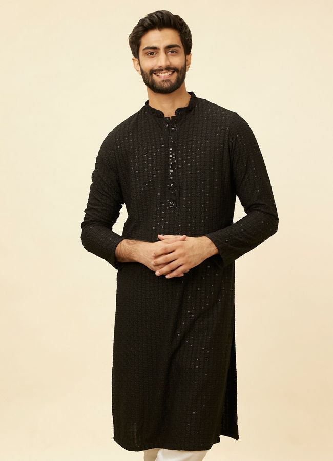 Manyawar Charcoal Black Chikankari Sequinned Kurta Set - India shopping