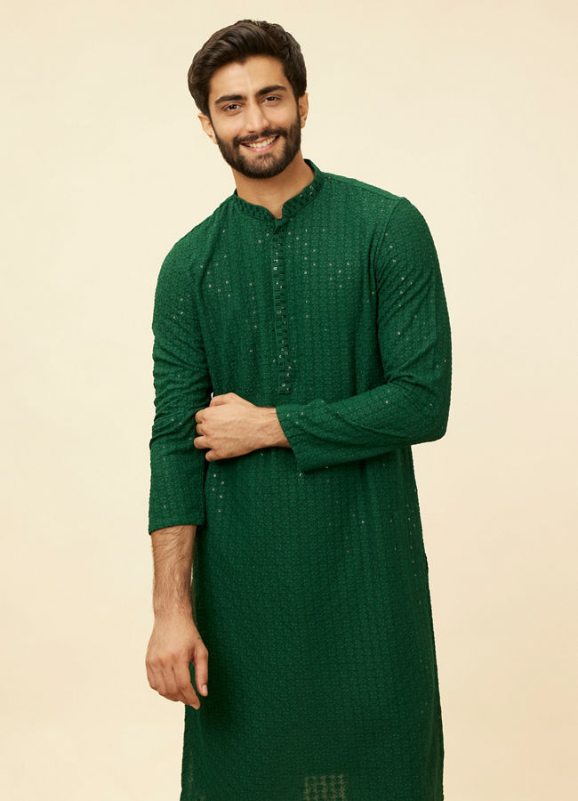 Manyawar Hunter Green Chikankari Sequinned Kurta Set