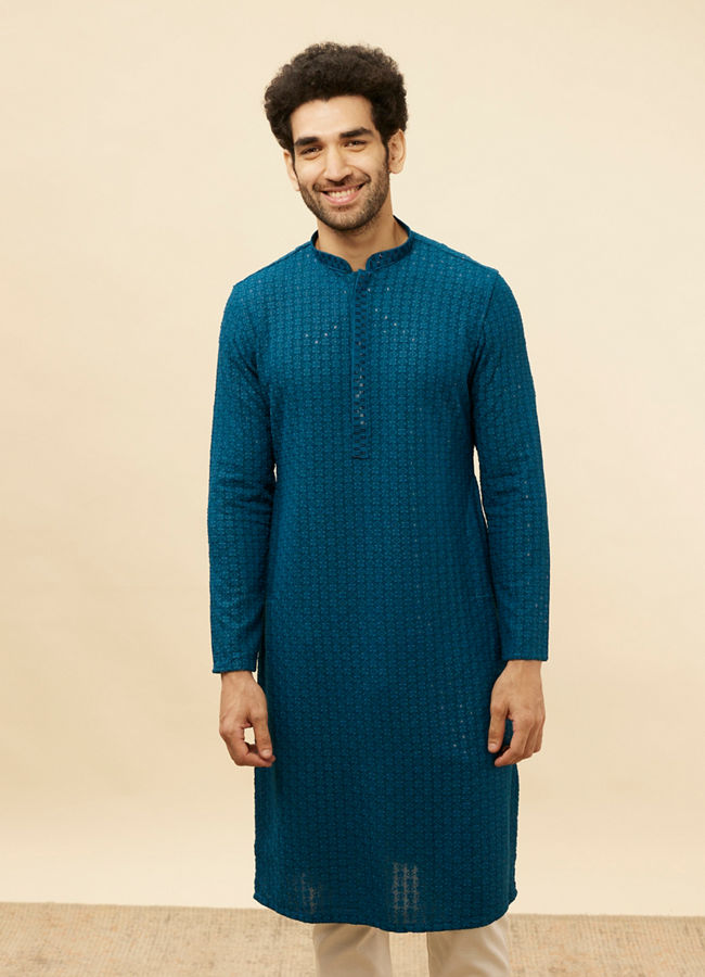 Manyawar Teal Blue Chikankari Embroidered Sequined Kurta Set