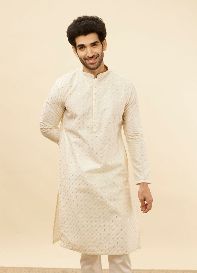 Manyawar Light Cream Lattice Patterned Sequinned Kurta