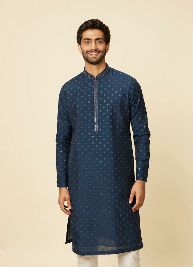 Manyawar Dark Blue Self Motif Kurta Set