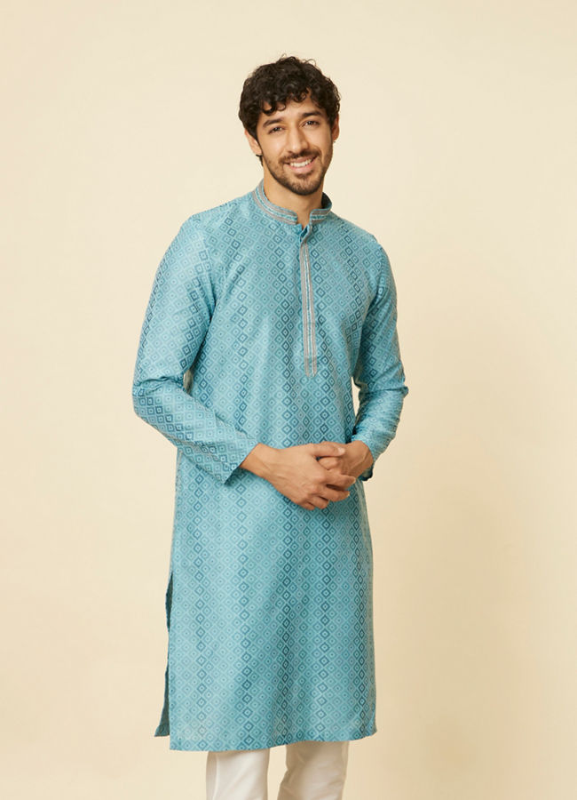 Manyawar Turquoise Blue Grid Patterned Kurta Set