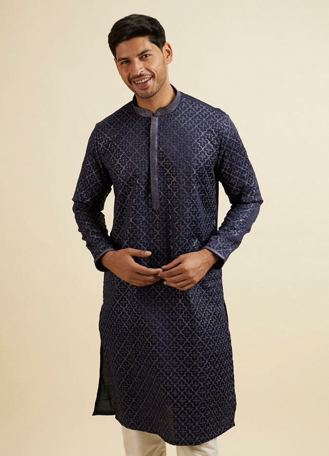 Manyawar Dark Blue Jaal Patterned Kurta Set