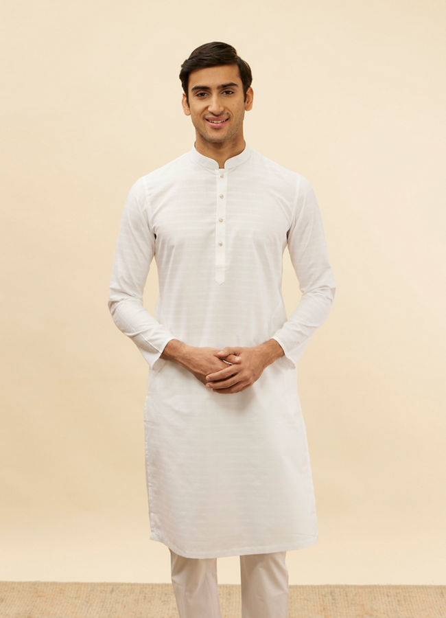 Manyawar Pristine White Self Striped Kurta Set