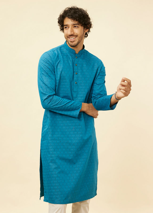 Manyawar Teal Blue Self Patterned Kurta Set