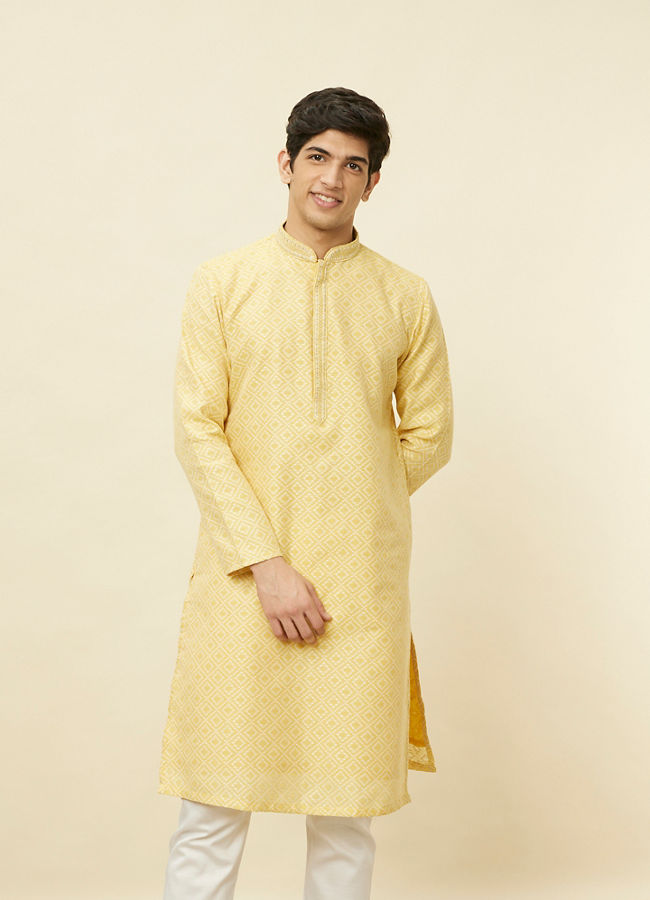 Manyawar Crayola Yellow Diamond Patterned Kurta Set