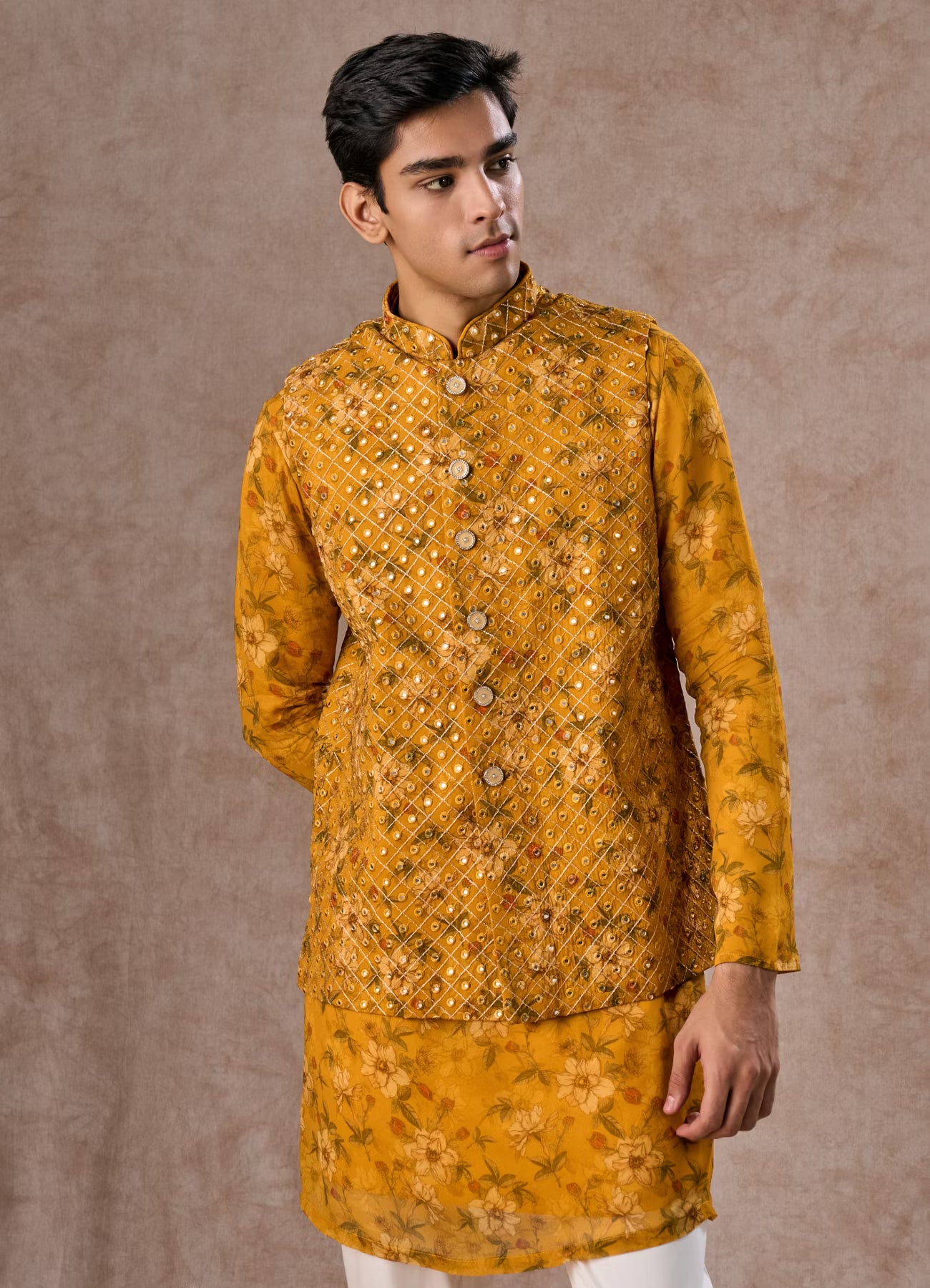 Manyavar Radiant Mustard Kurta Jacket Set | Ready To Wear