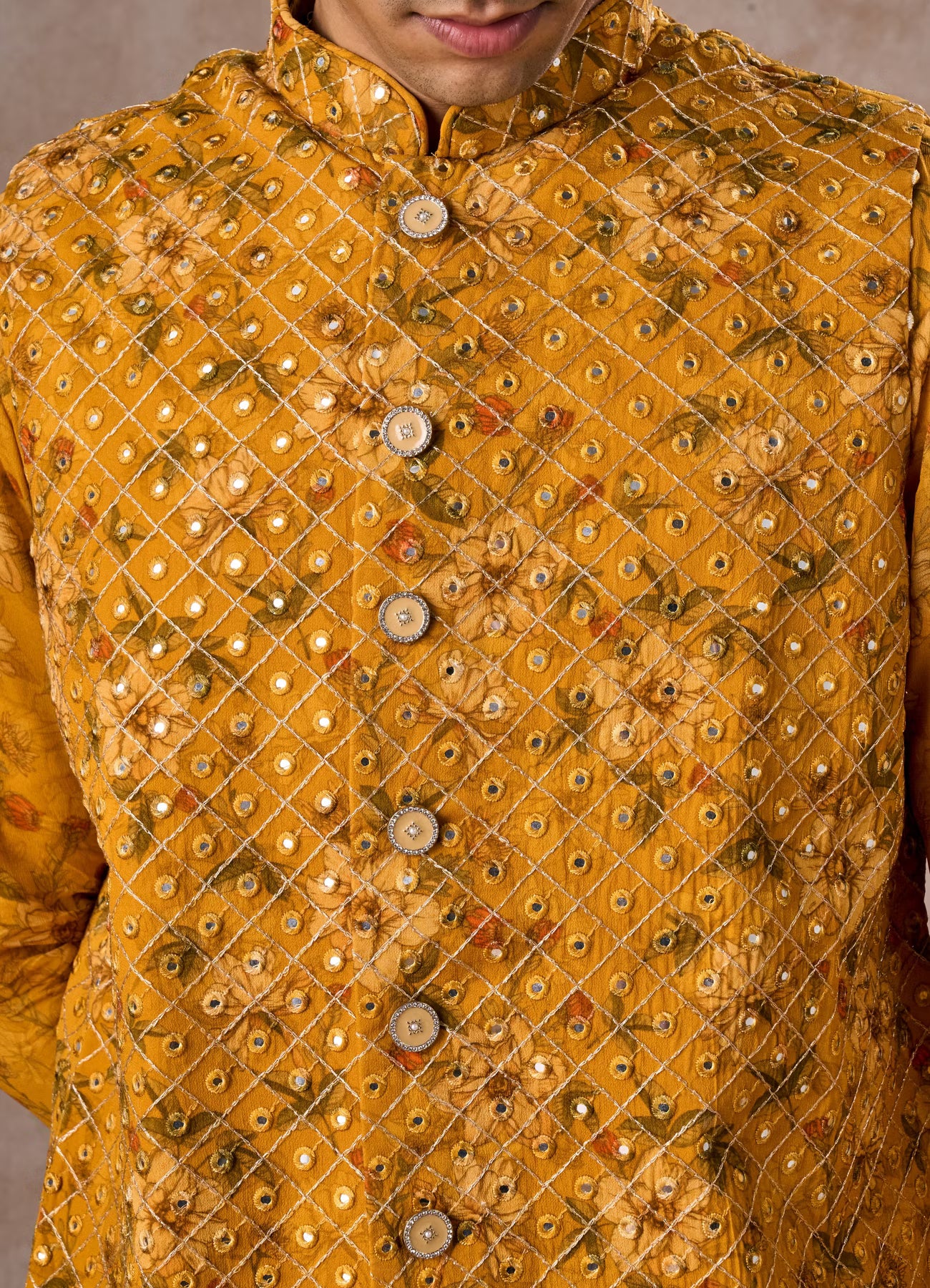 Manyavar Radiant Mustard Kurta Jacket Set | Ready To Wear