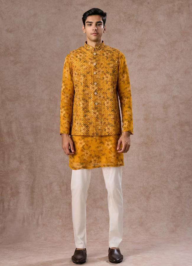 Manyavar Radiant Mustard Kurta Jacket Set | Ready To Wear