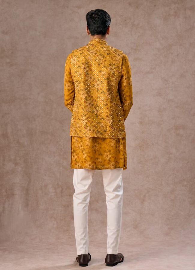 Manyavar Radiant Mustard Kurta Jacket Set | Ready To Wear