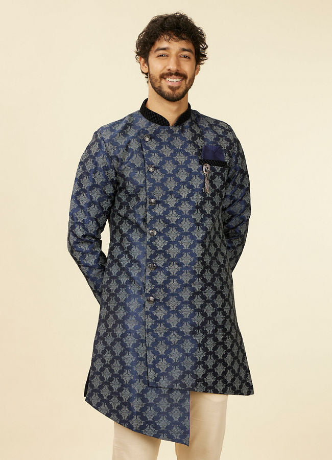 Manyawar Dark Blue Imperial Paisley Patterned Angrakha Style Kurta Set