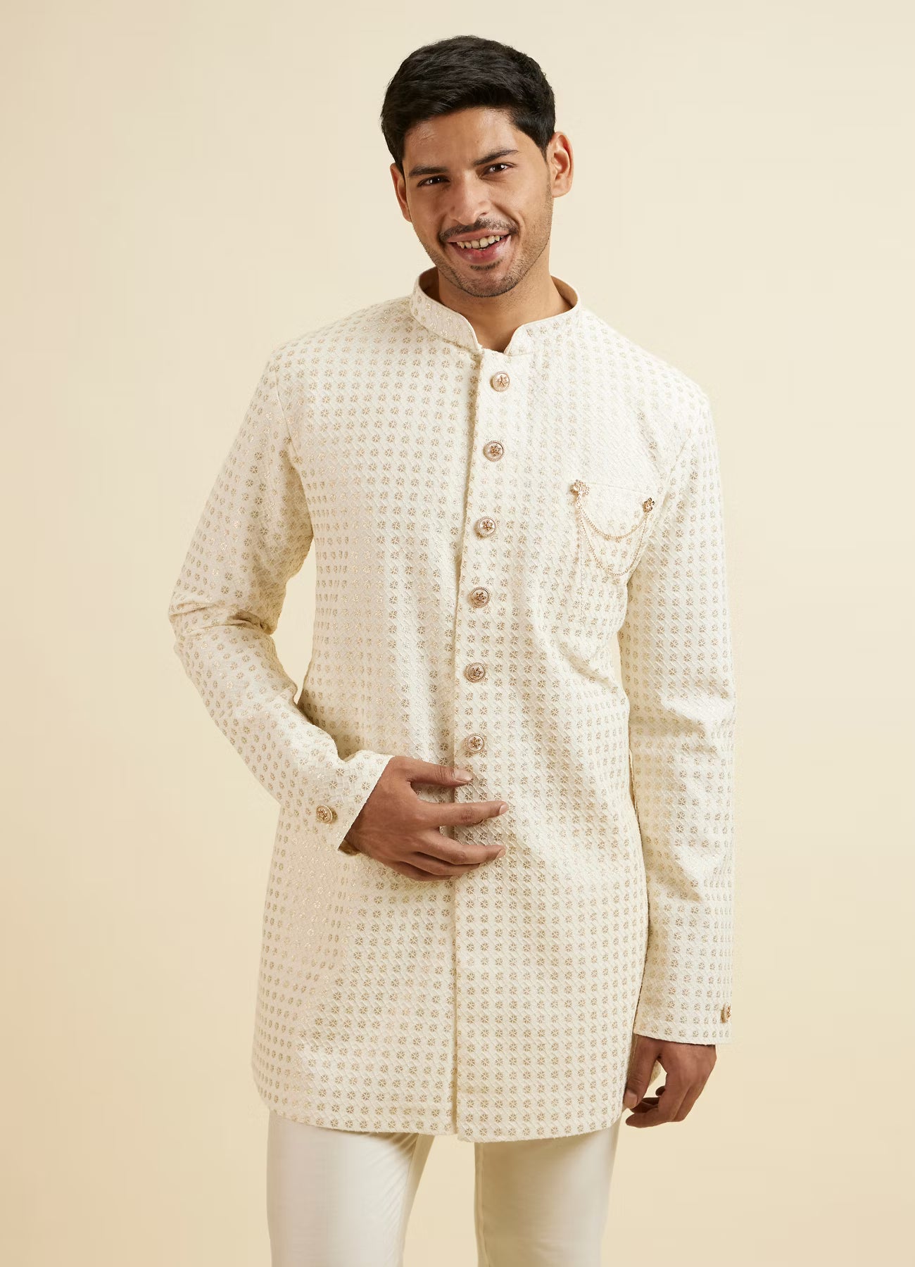 Manyavar Cream Buta Jaal Patterned Kurta Set | Ready To Wear