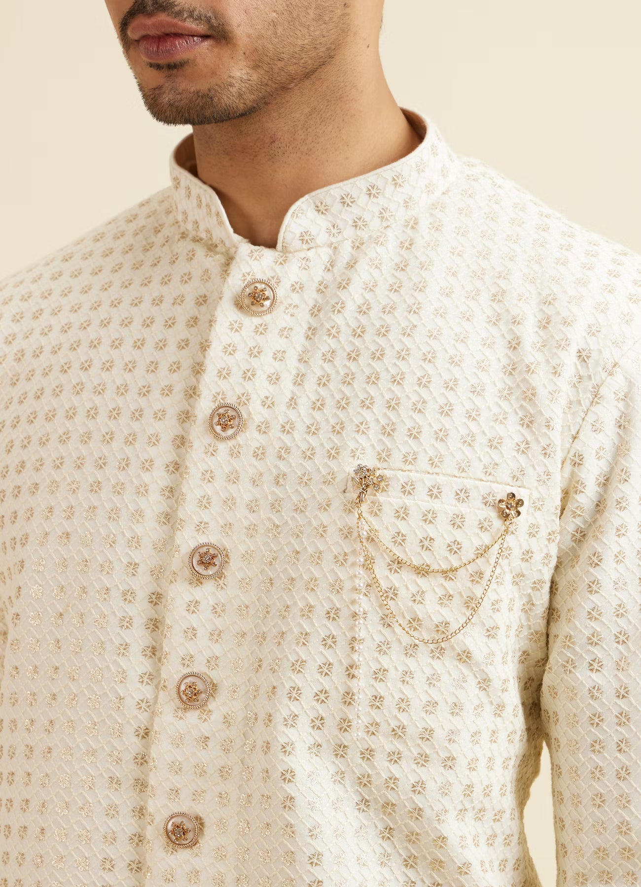 Manyavar Cream Buta Jaal Patterned Kurta Set | Ready To Wear